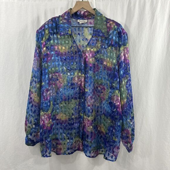 Maggie Barnes Colorful Artsy Sheer Button Up Shirt Womens Size 26 Art to Wear - Picture 1 of 12